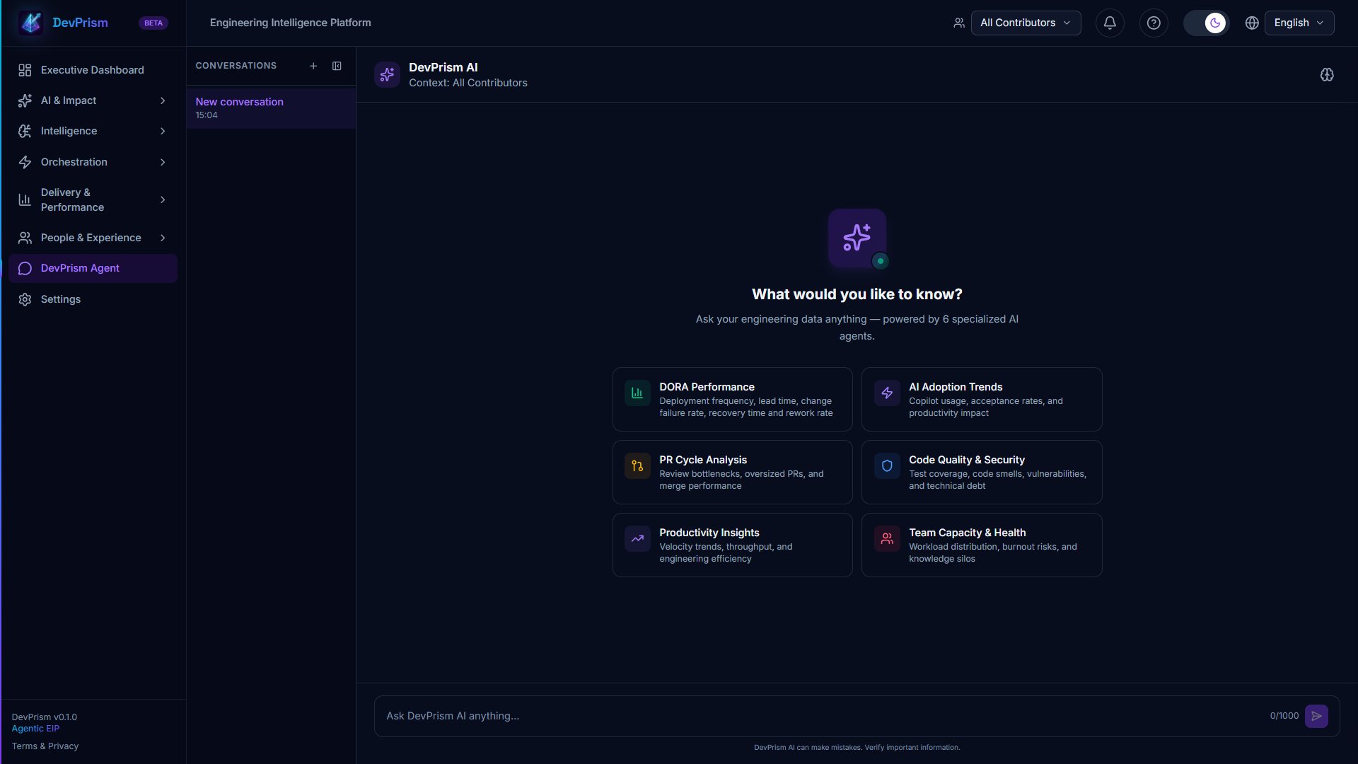 DevPrism Agent — Conversational AI home with 6 specialized investigation topics